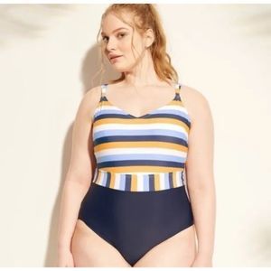 Kona‎ Sol Stripe Yellow Blue White High Waist One Piece Swimsuit Plus Size